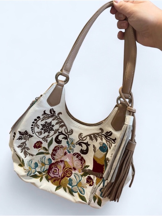 Sharif Handbags - Sharif Cream Shoulder Bag with Multicolor Floral & Bird Embroidery
